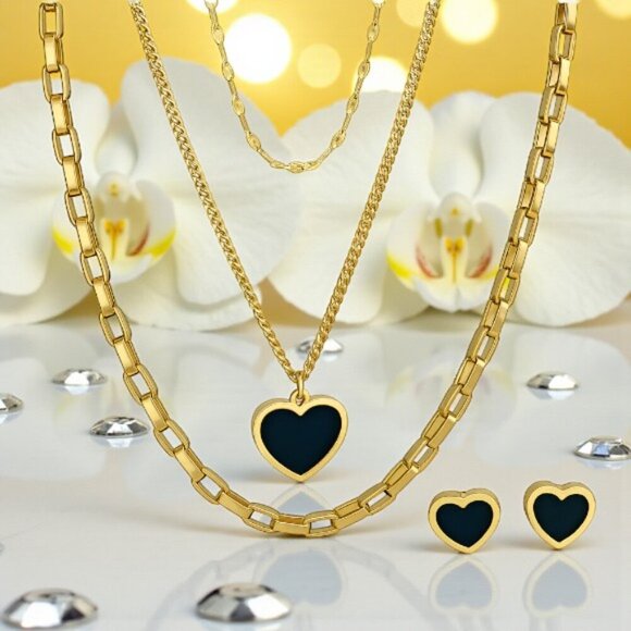 Elegant 18K Gold Plated Triple Layer Necklace & Heart Earrings Trendy Set ✨ - Picture 5 of 13